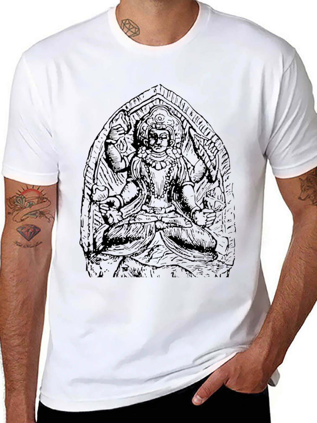 Black Graphic Tee with Indian Deity Art