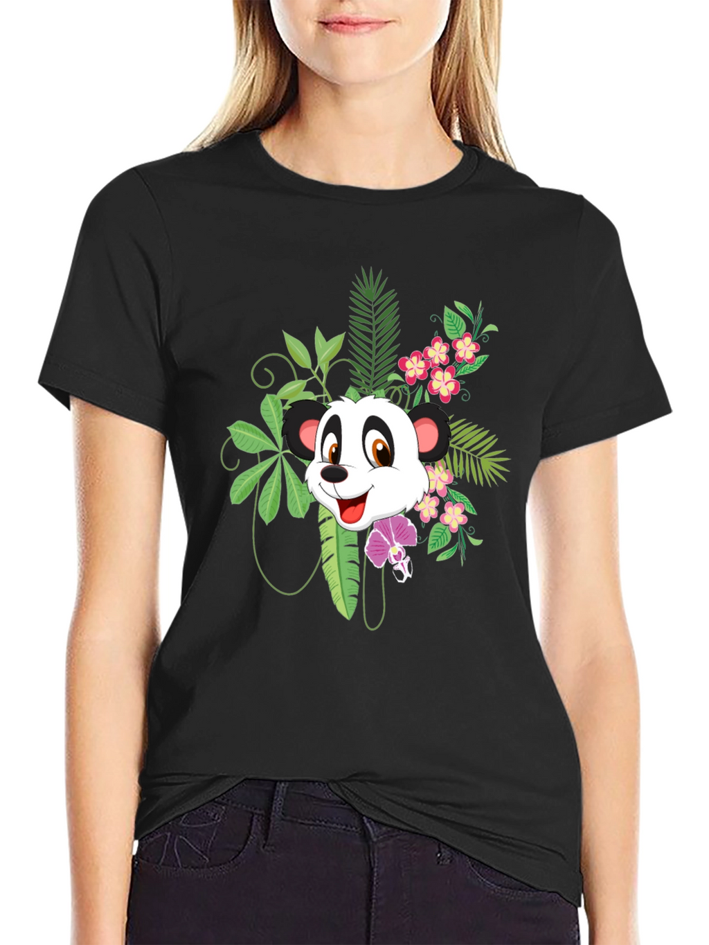 Panda & Floral Print Black T-Shirt