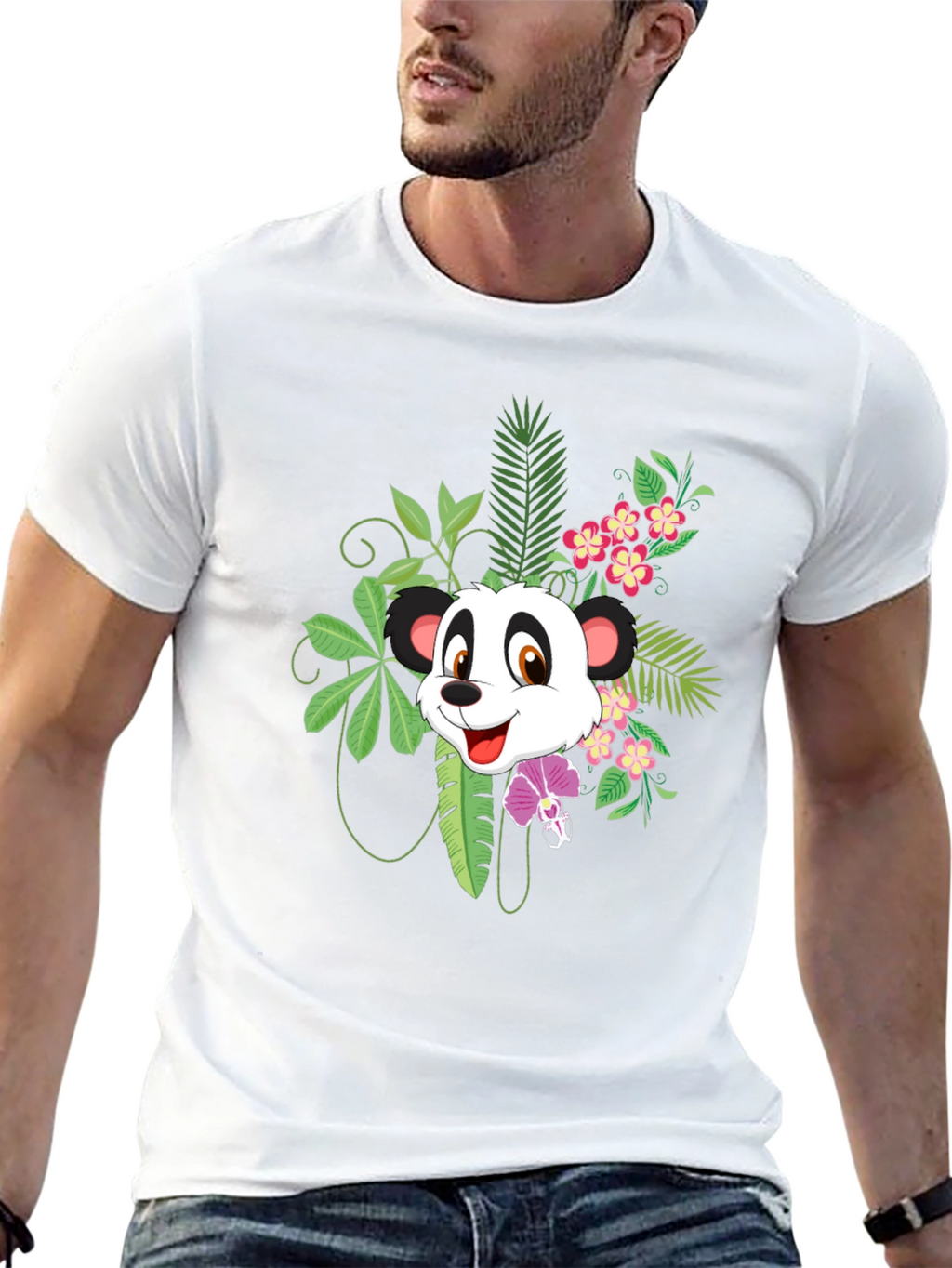 Panda & Floral Print Black T-Shirt