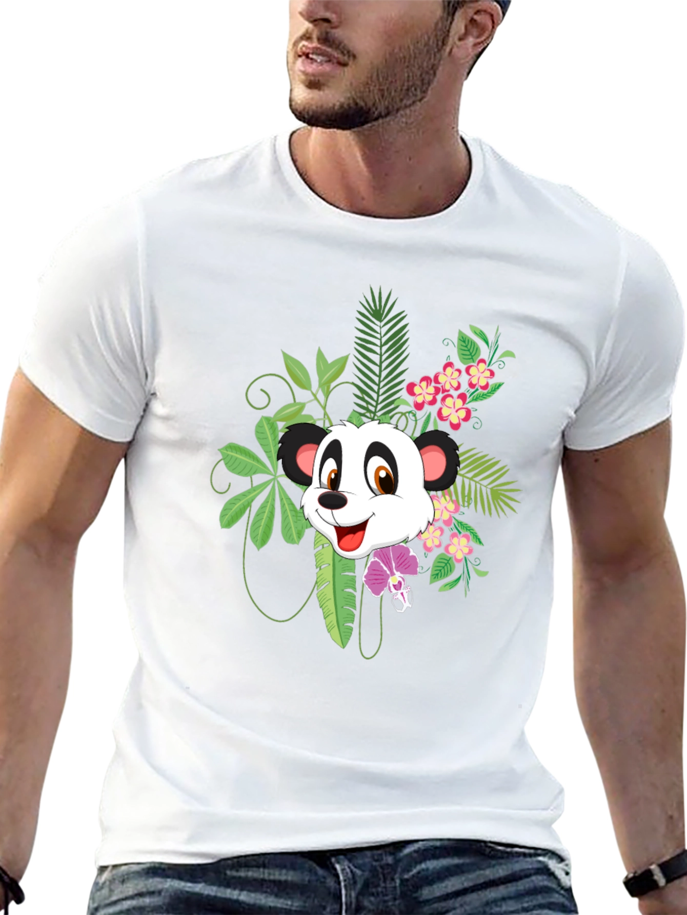 Panda & Floral Print Black T-Shirt