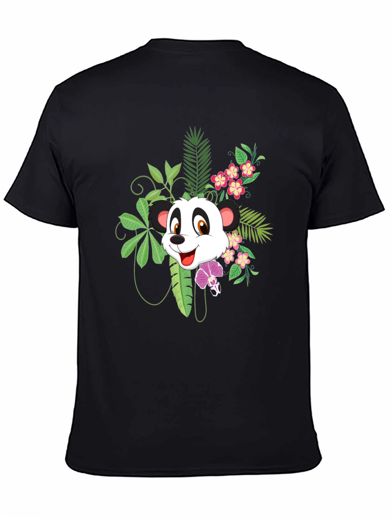 Panda & Floral Print Black T-Shirt