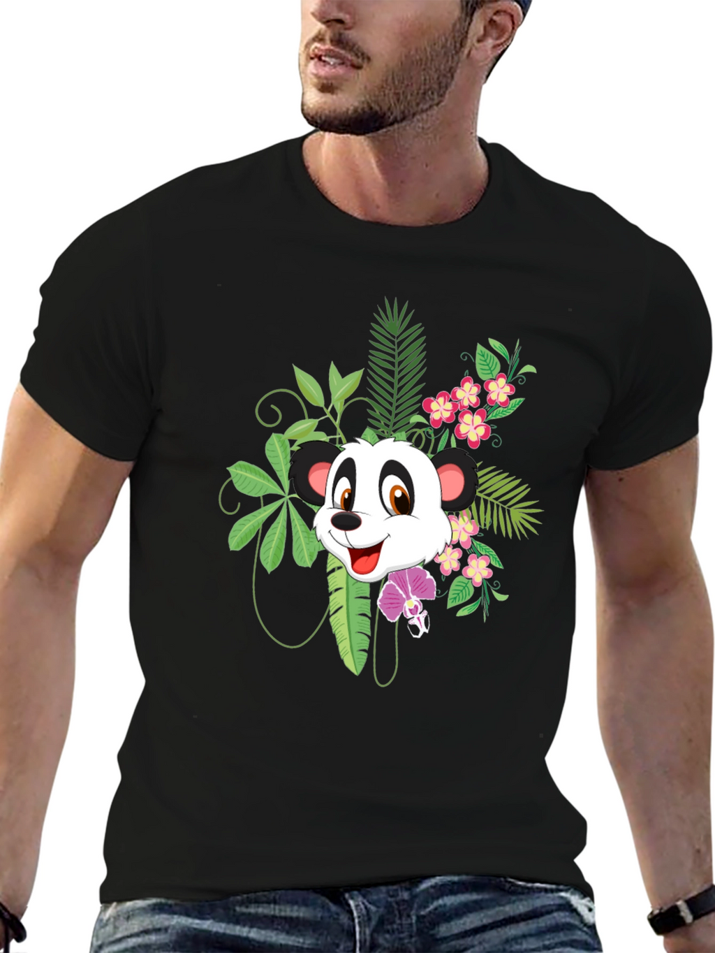 Panda & Floral Print Black T-Shirt