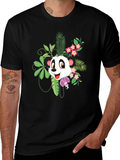 Panda & Floral Print Black T-Shirt