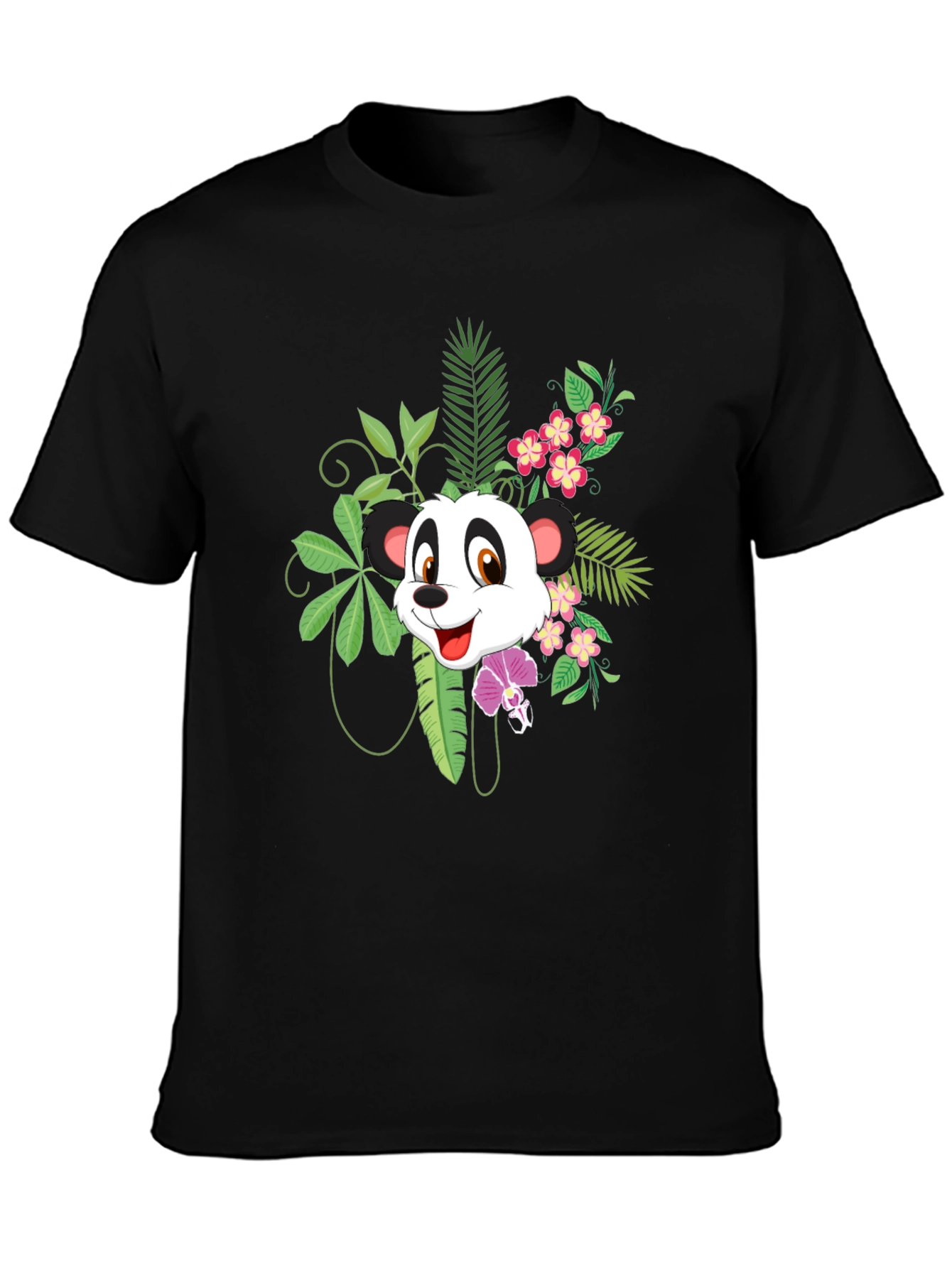 Panda & Floral Print Black T-Shirt