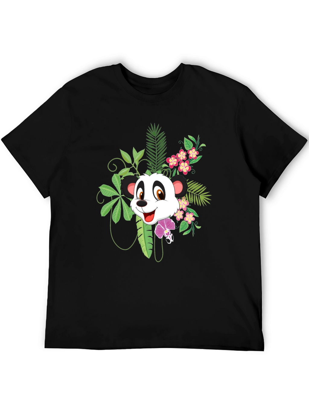 Panda & Floral Print Black T-Shirt