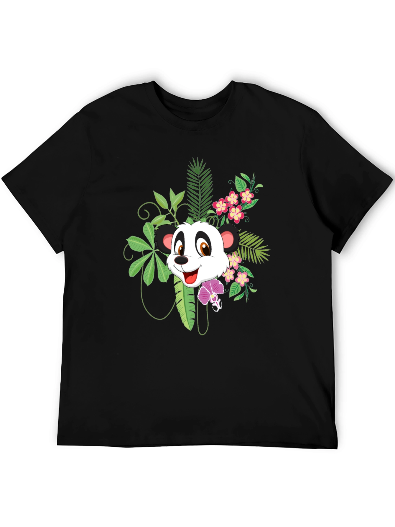 Panda & Floral Print Black T-Shirt