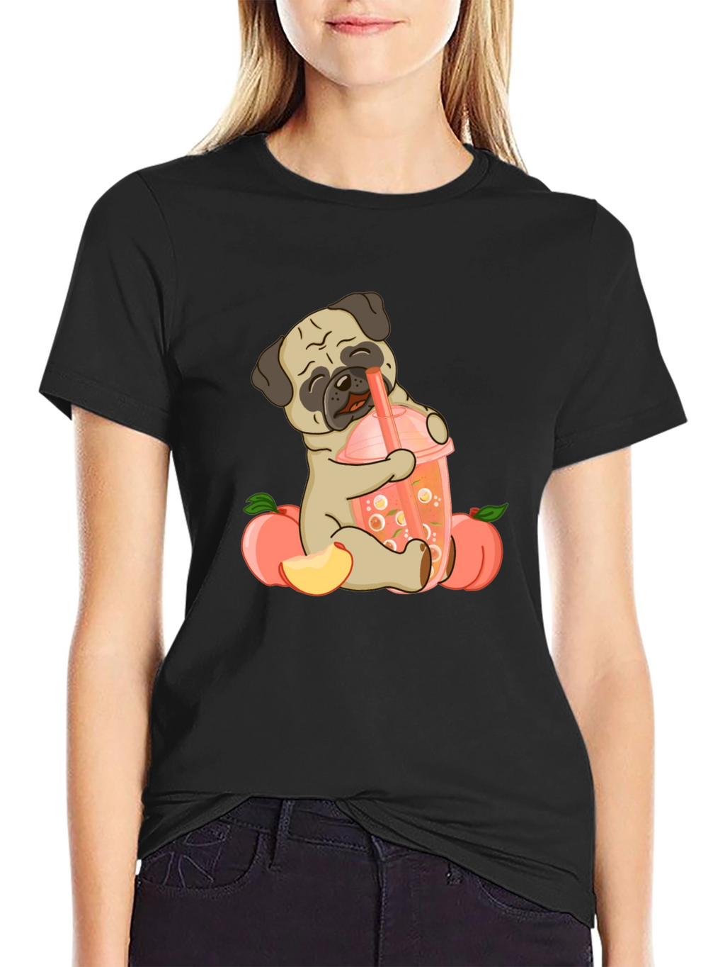 Cute Pug Peach Boba T-Shirt