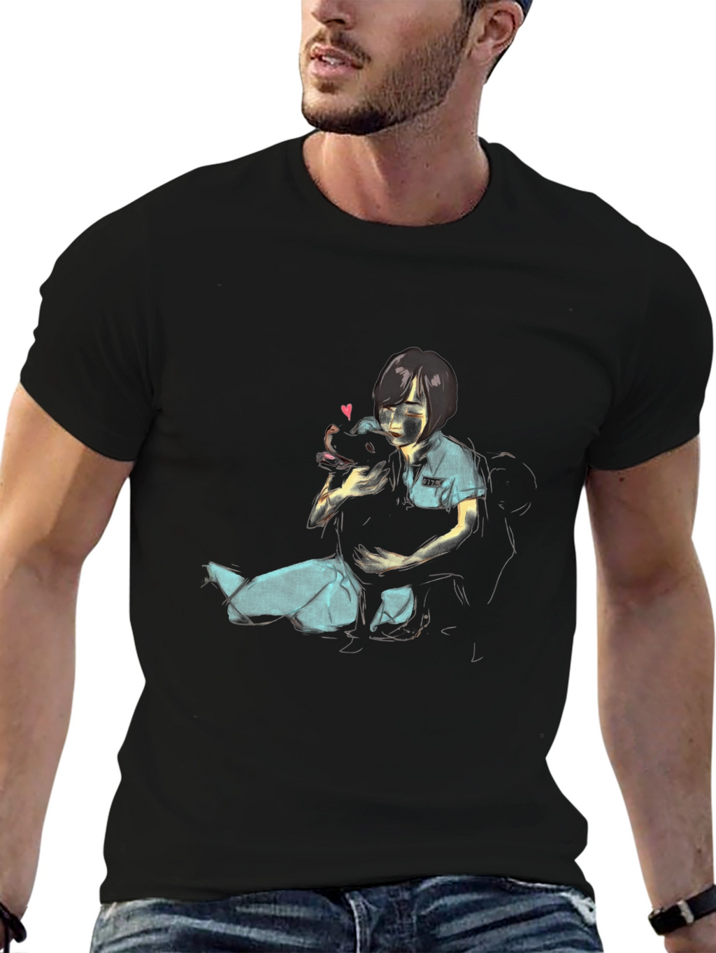 Girl Hugging Dog Graphic Black T-Shirt