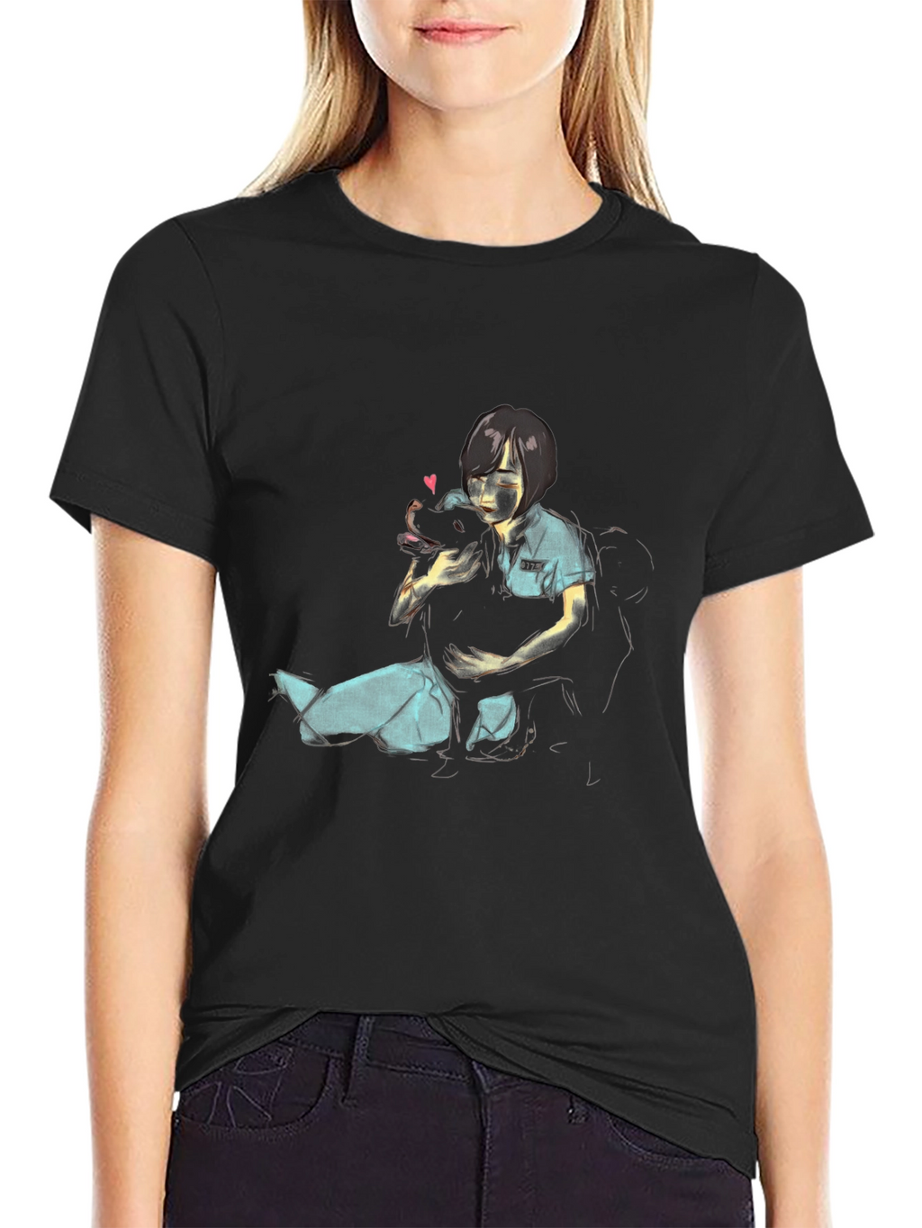 Girl Hugging Dog Graphic Black T-Shirt