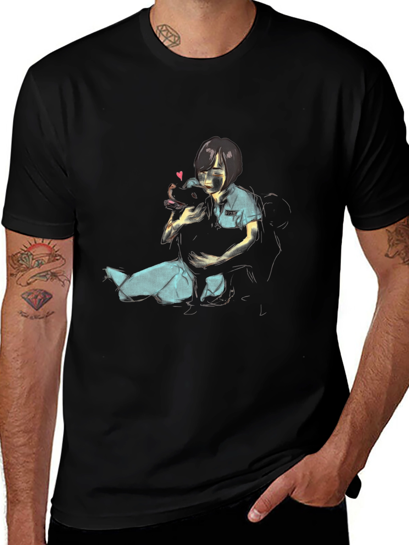 Girl Hugging Dog Graphic Black T-Shirt