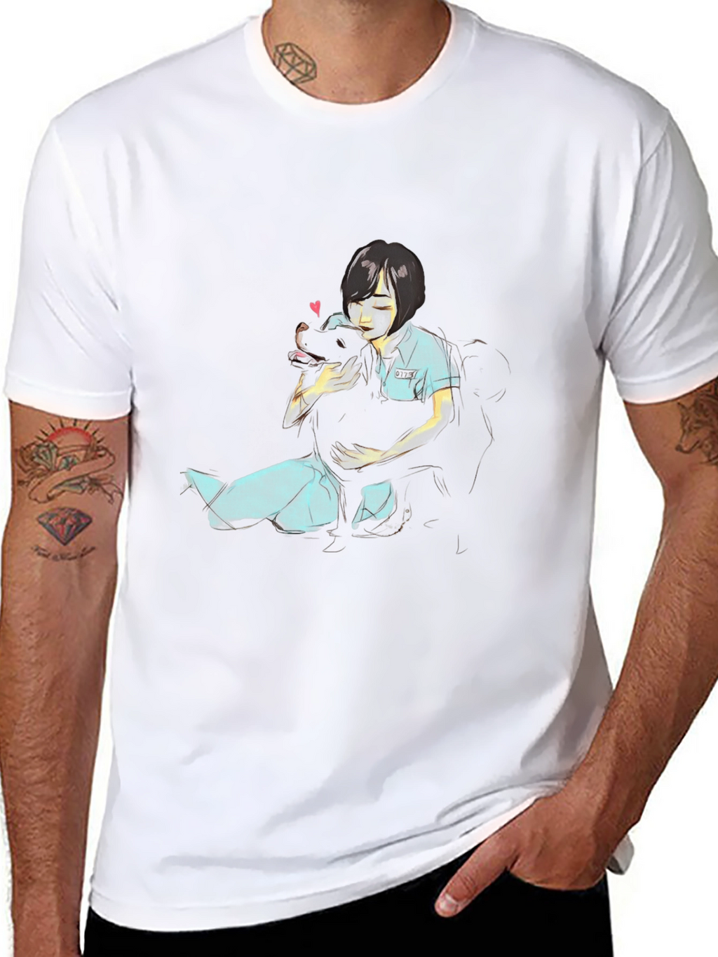 Girl Hugging Dog Graphic Black T-Shirt