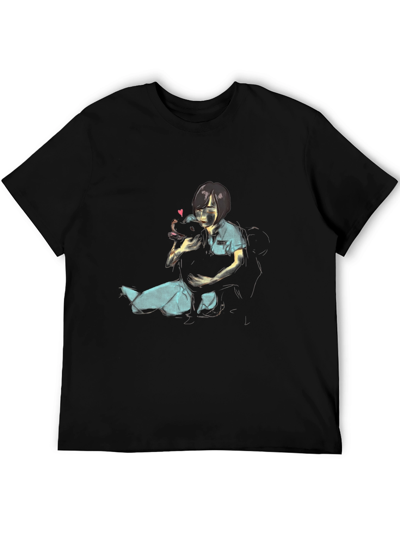 Girl Hugging Dog Graphic Black T-Shirt