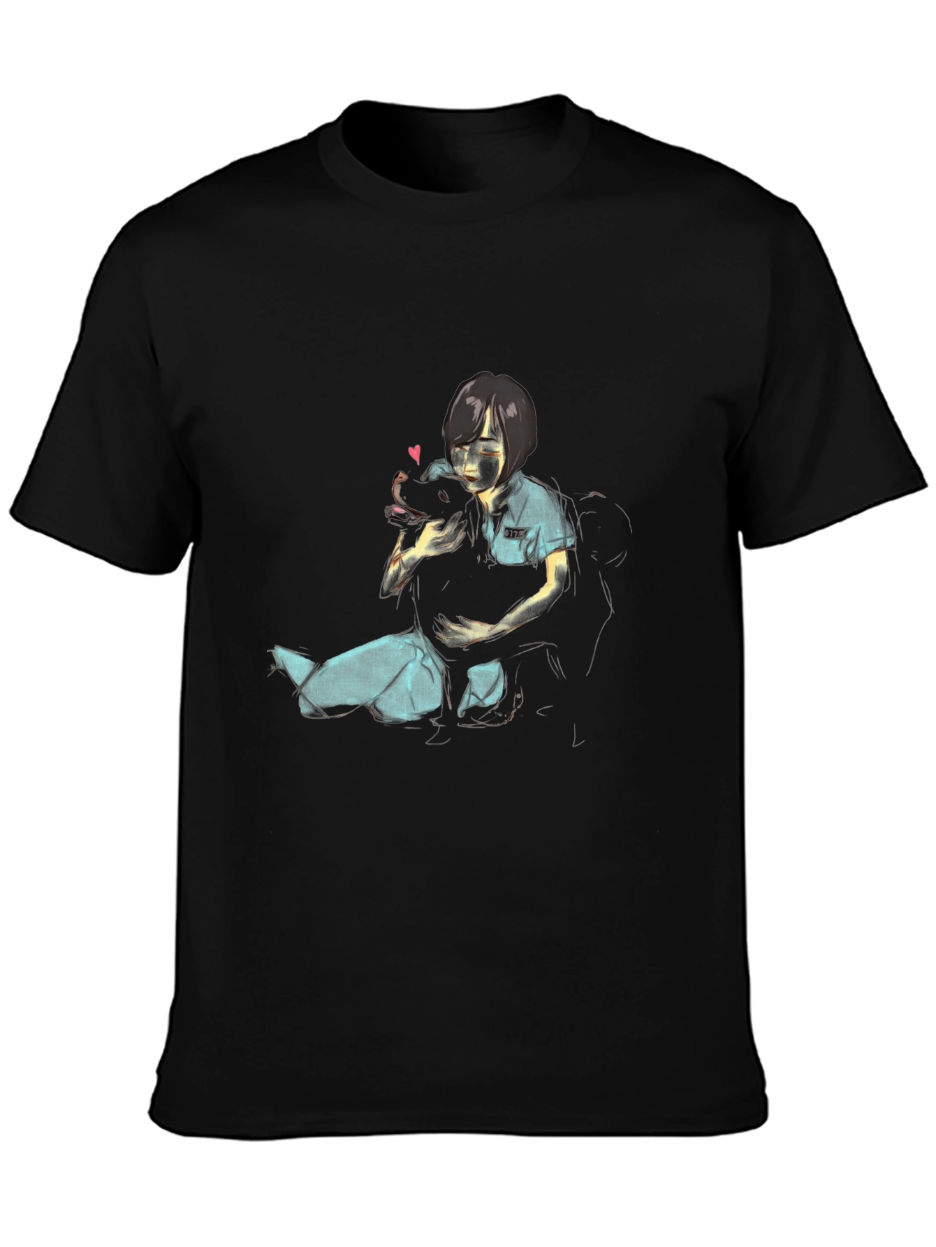 Girl Hugging Dog Graphic Black T-Shirt
