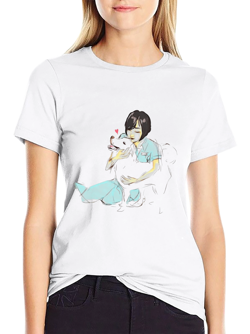 Girl Hugging Dog Graphic Black T-Shirt