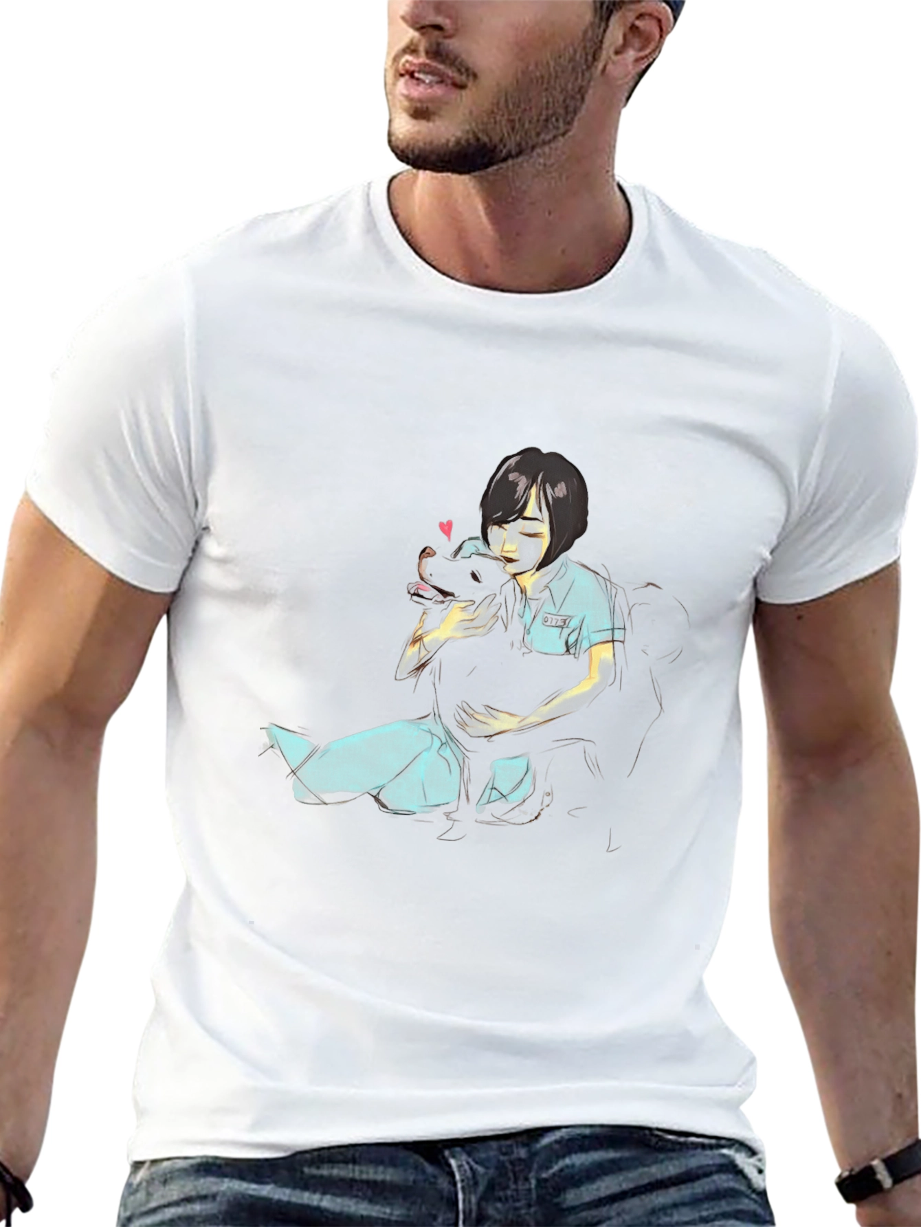 Girl Hugging Dog Graphic Black T-Shirt