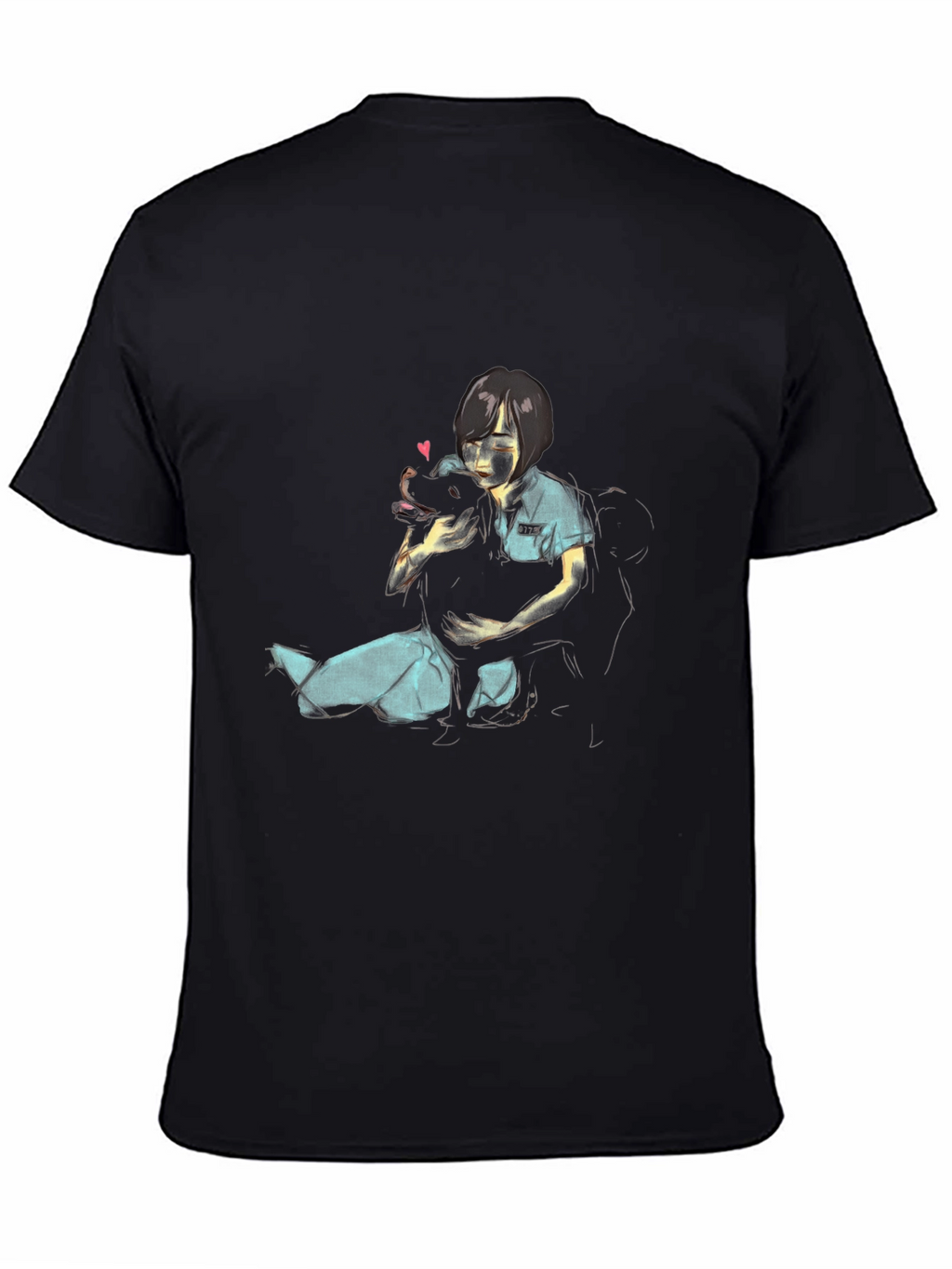 Girl Hugging Dog Graphic Black T-Shirt