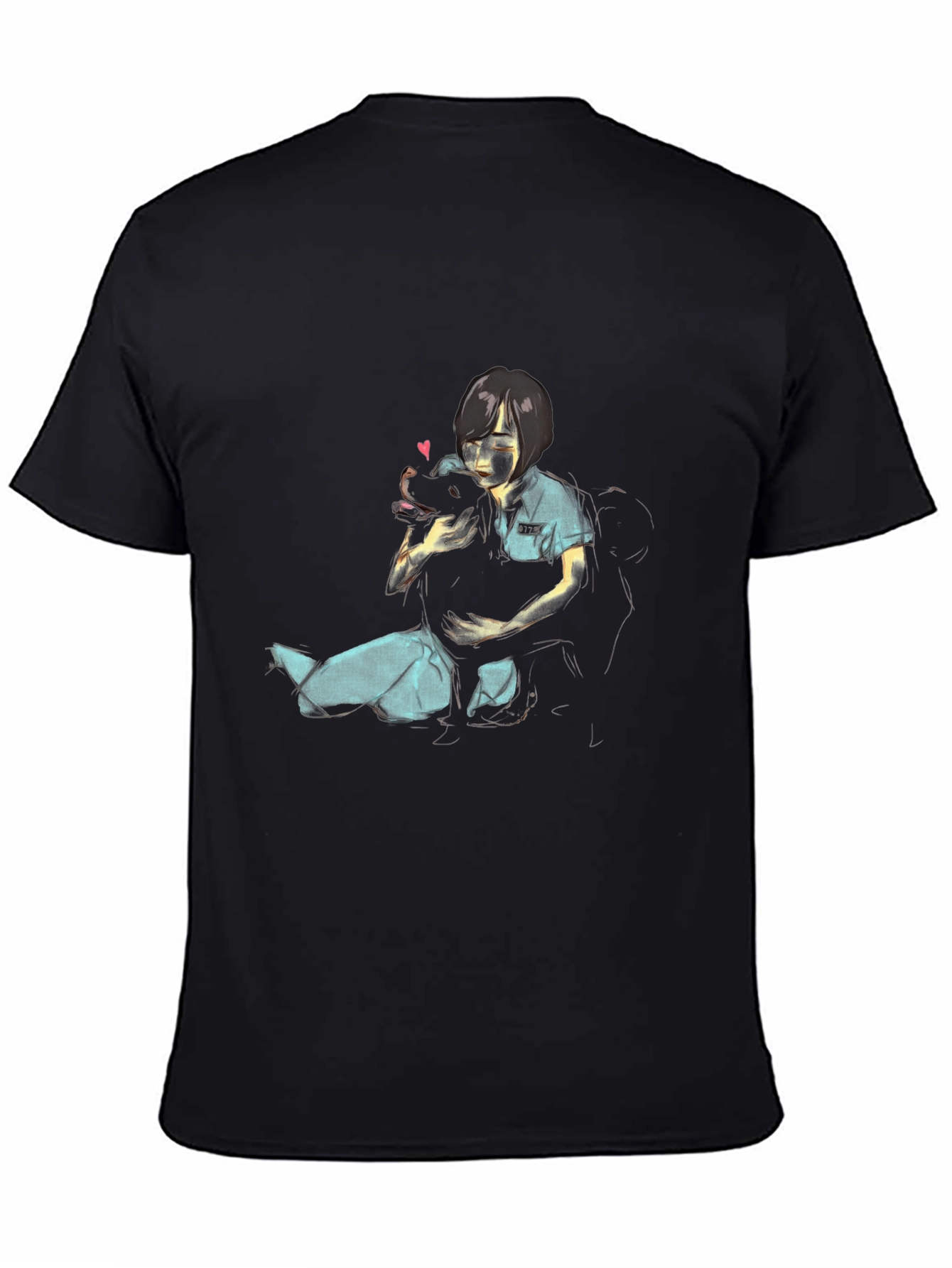Girl Hugging Dog Graphic Black T-Shirt
