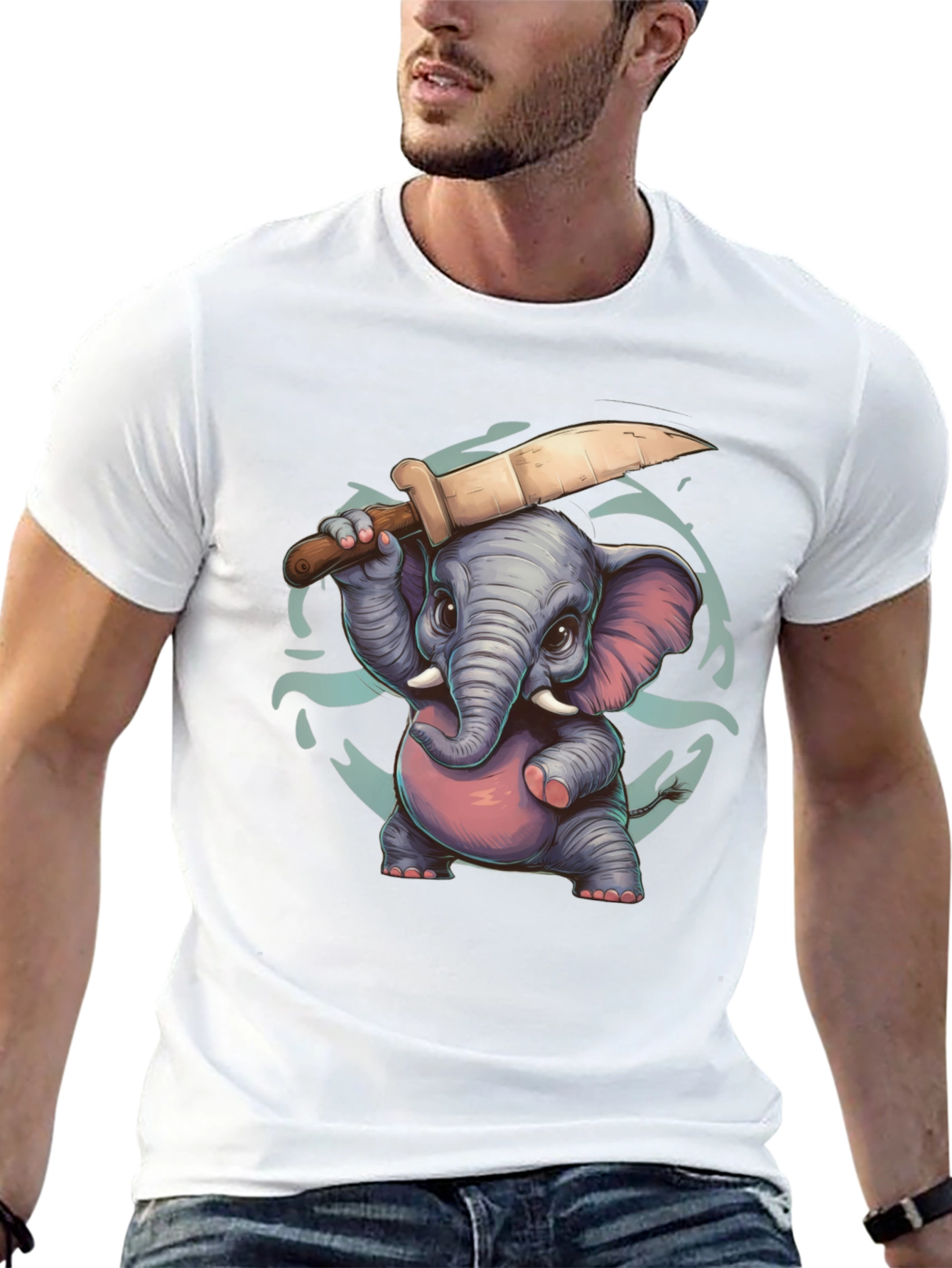 Cartoon Elephant with Knife Graphic Tee