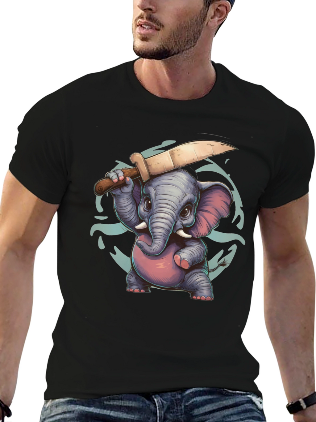 Cartoon Elephant with Knife Graphic Tee