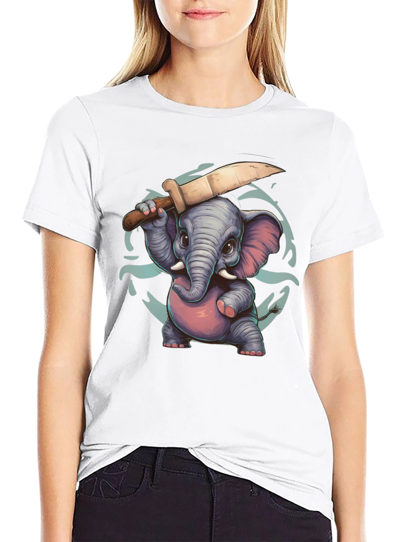 Cartoon Elephant with Knife Graphic Tee