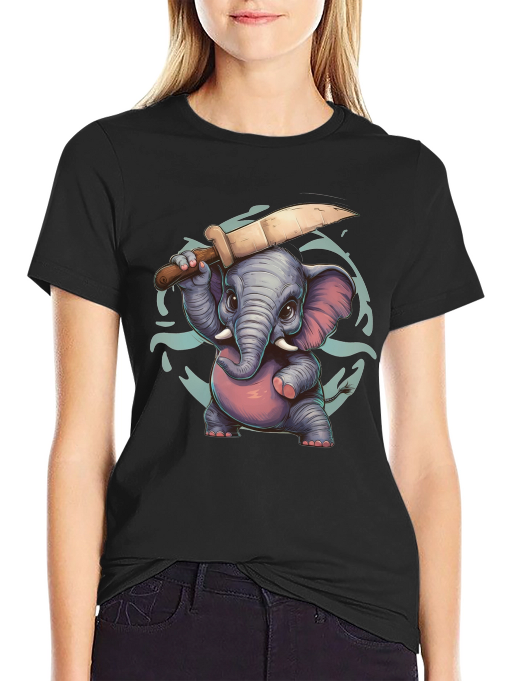 Cartoon Elephant with Knife Graphic Tee