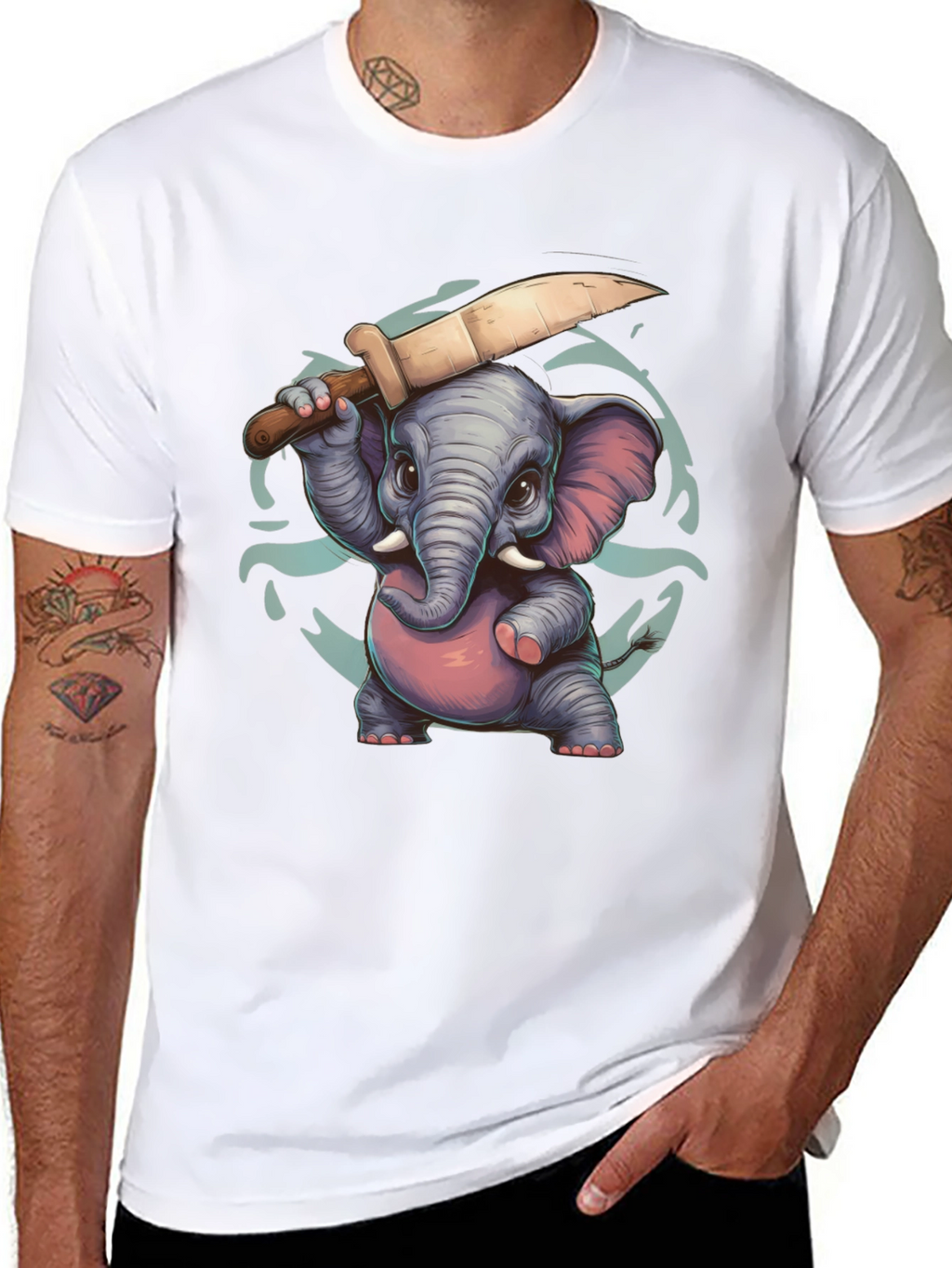 Cartoon Elephant with Knife Graphic Tee