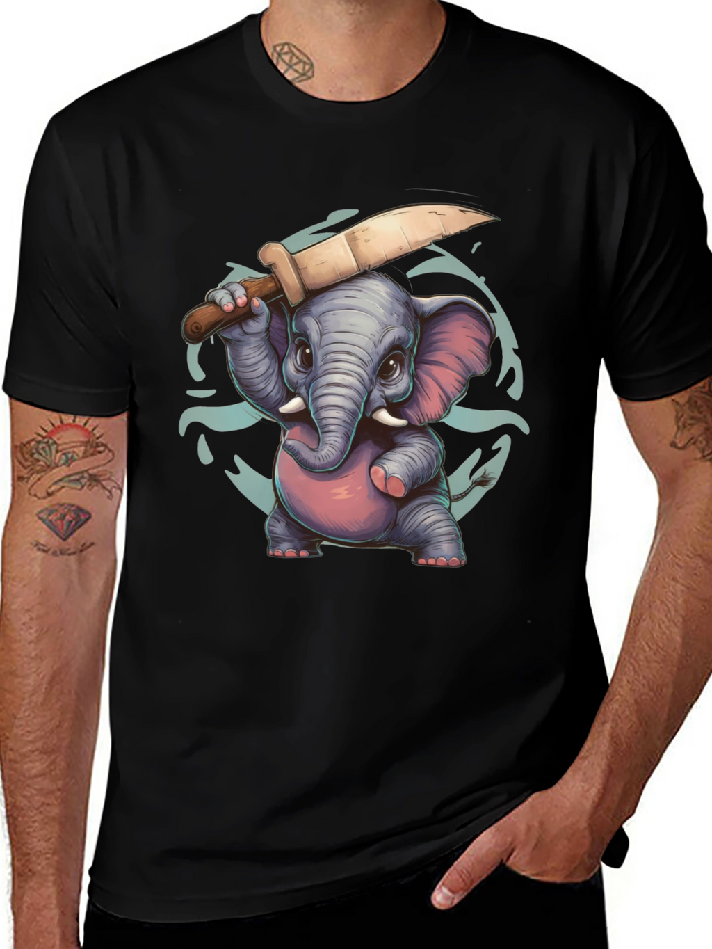 Cartoon Elephant with Knife Graphic Tee