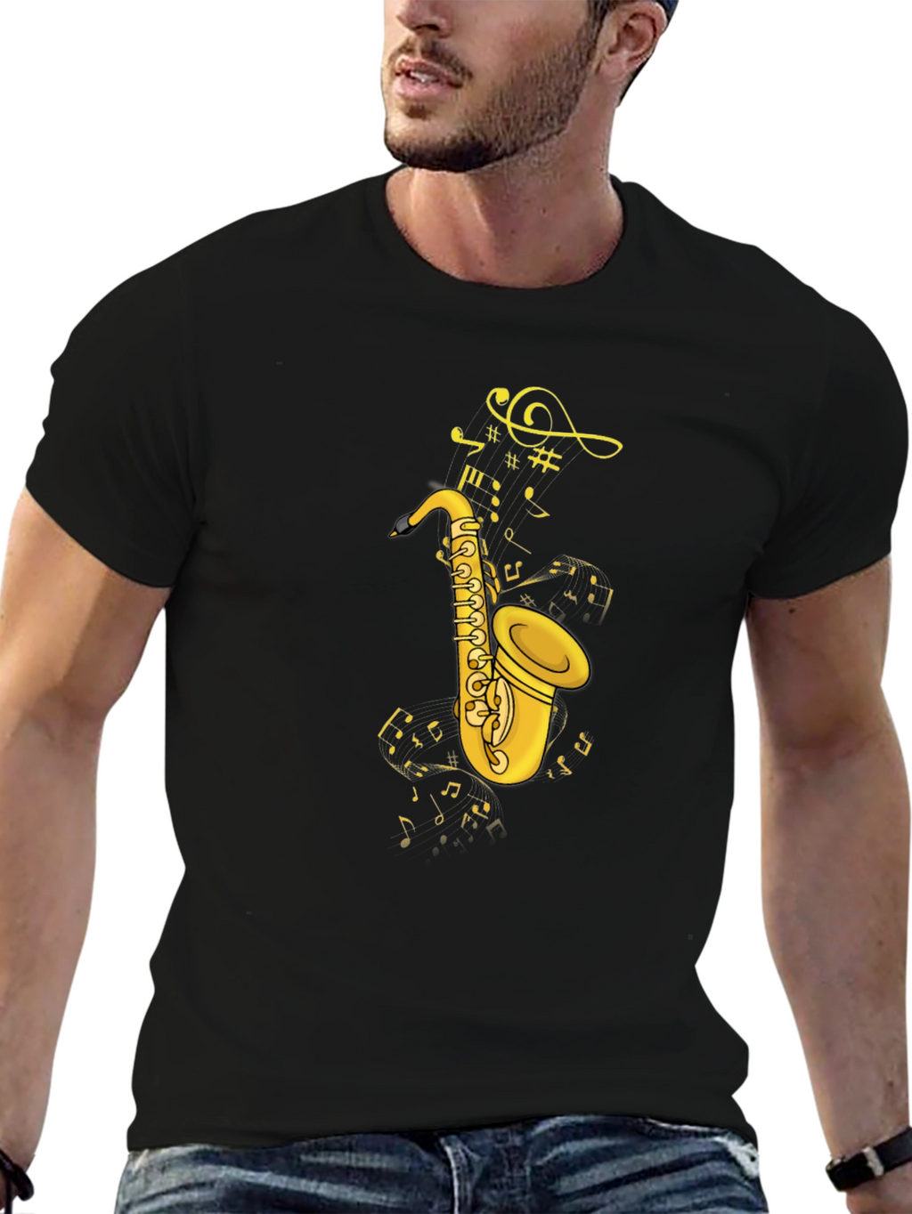 Saxophone & Notes Graphic Tee - Black
