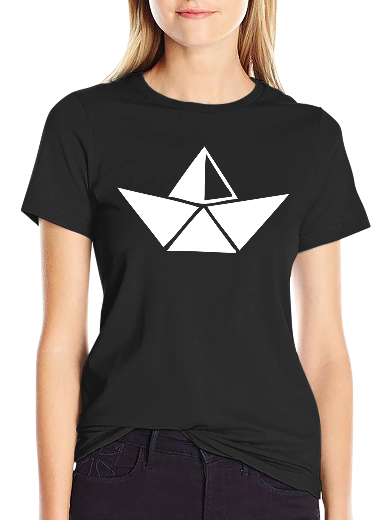 Paper Boat Graphic Tee - Black Crew Neck