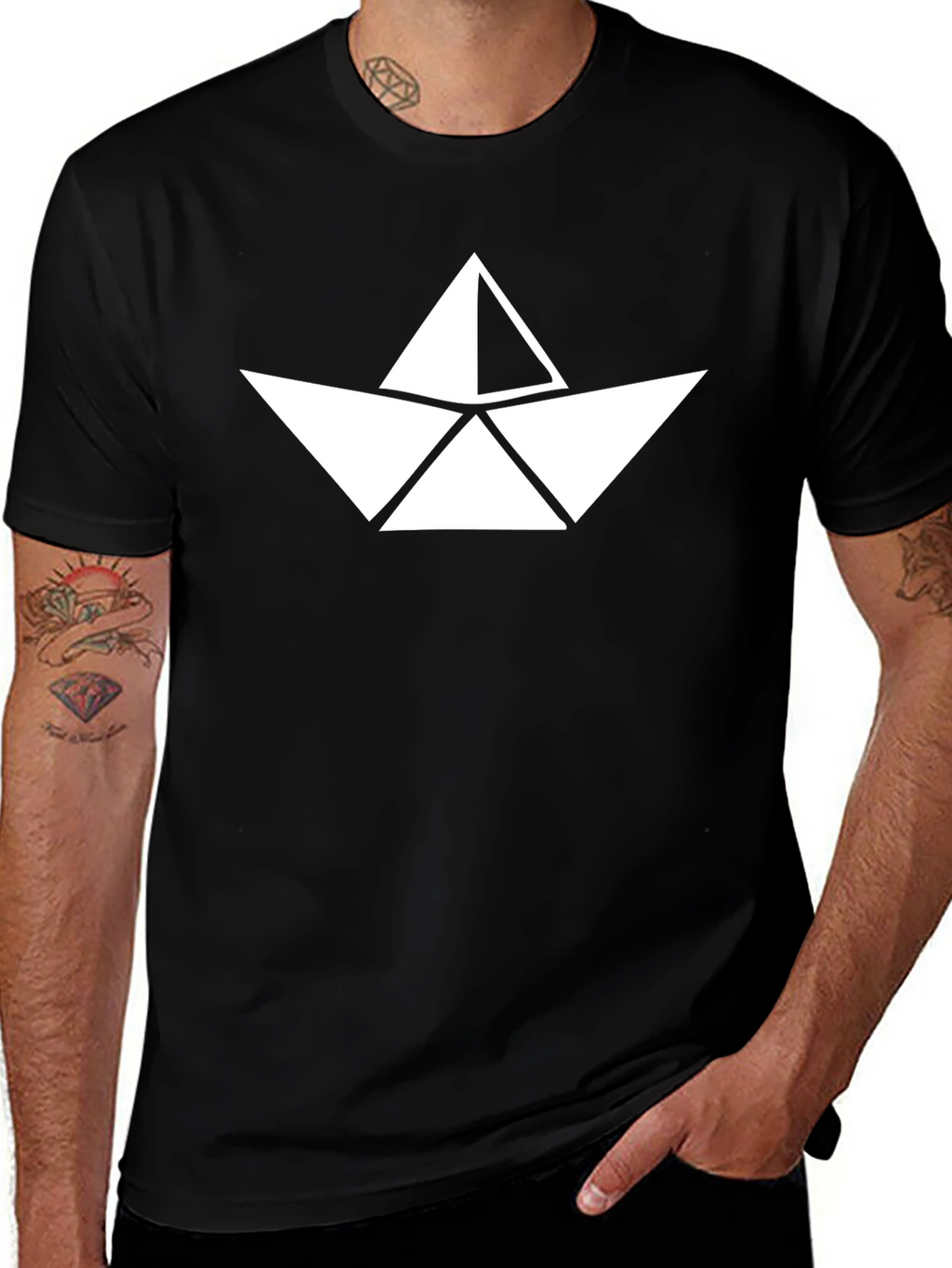 Paper Boat Graphic Tee - Black Crew Neck