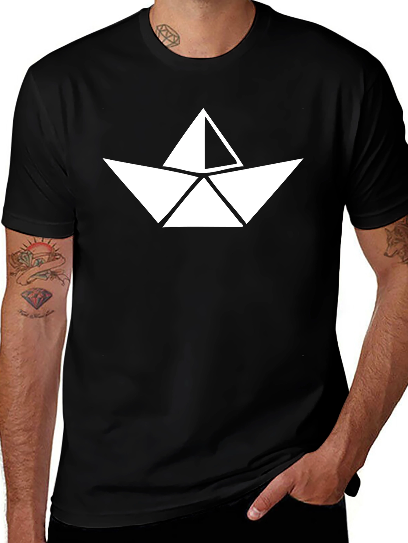 Paper Boat Graphic Tee - Black Crew Neck