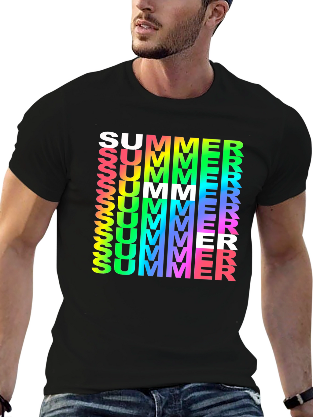 Summer Vibes Graphic Tee - Rainbow Text Black Shirt