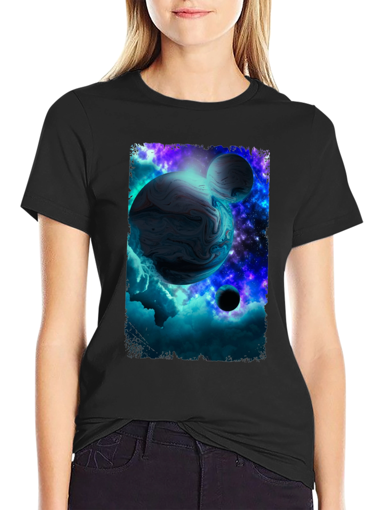 Galaxy Planet Graphic Print Black T-Shirt