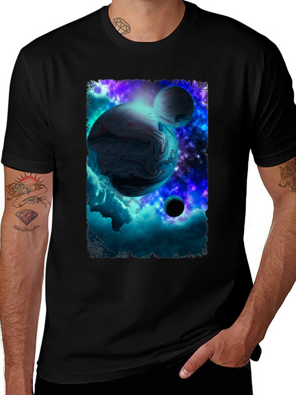 Galaxy Planet Graphic Print Black T-Shirt