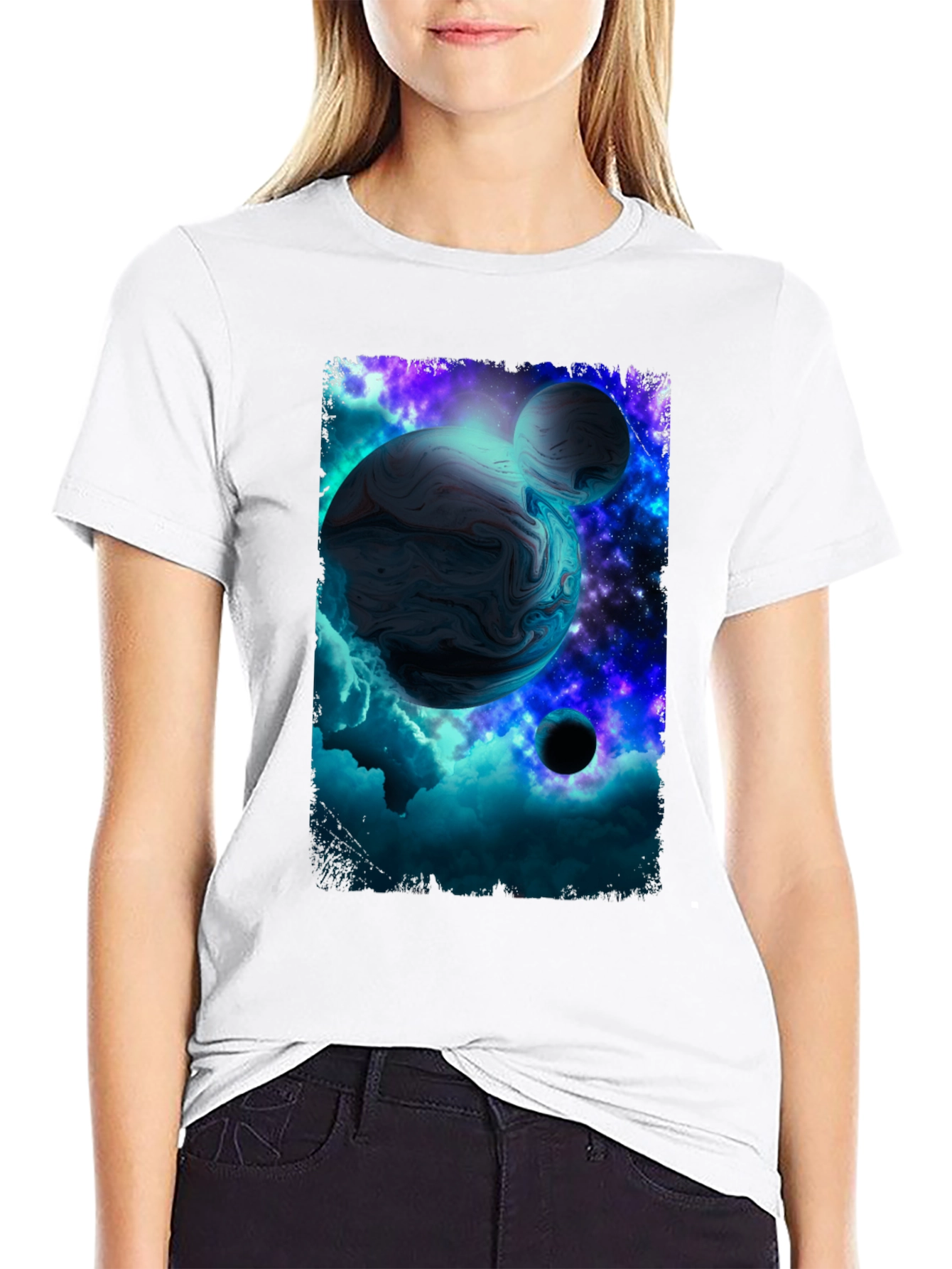 Galaxy Planet Graphic Print Black T-Shirt