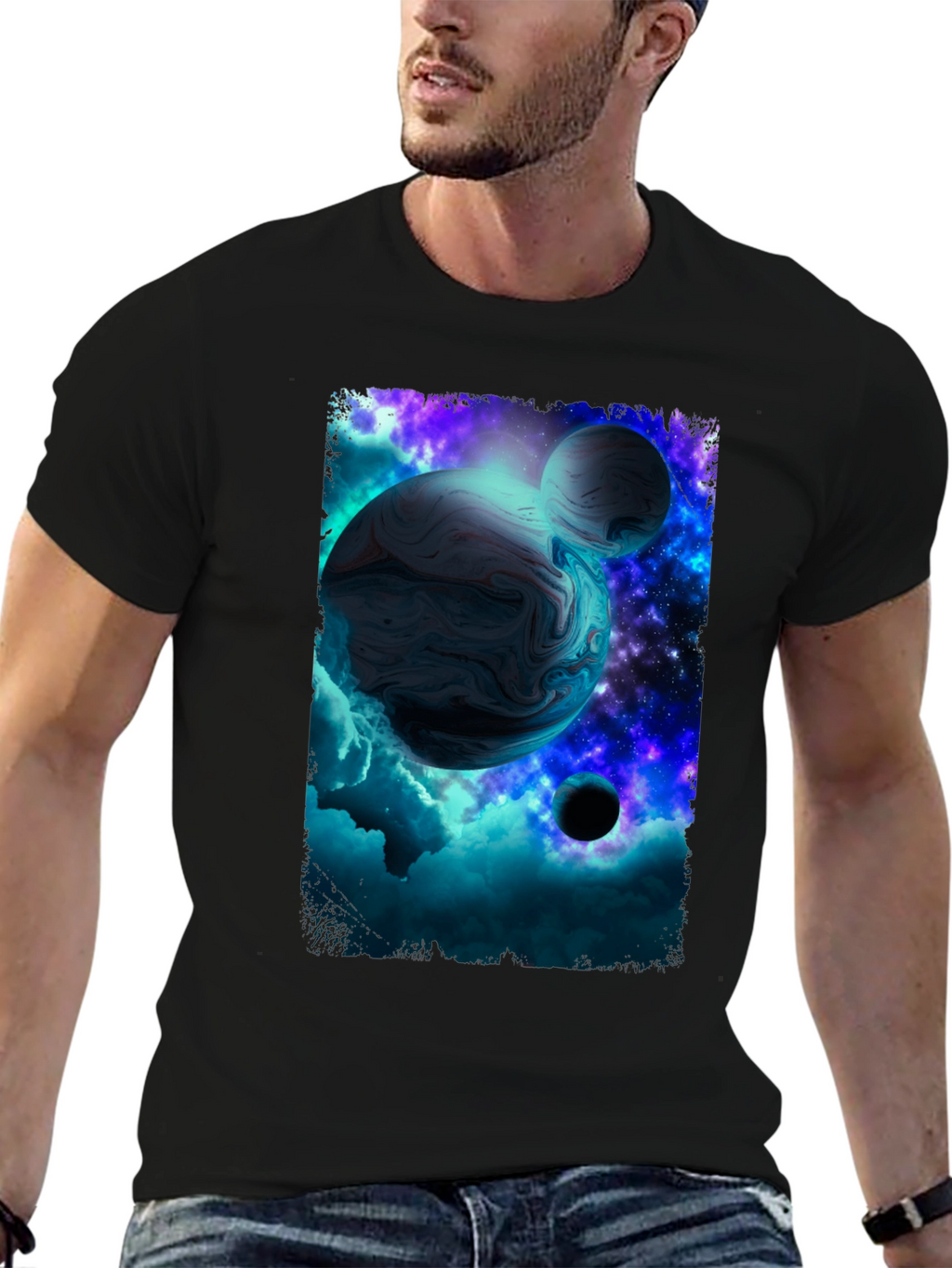 Galaxy Planet Graphic Print Black T-Shirt