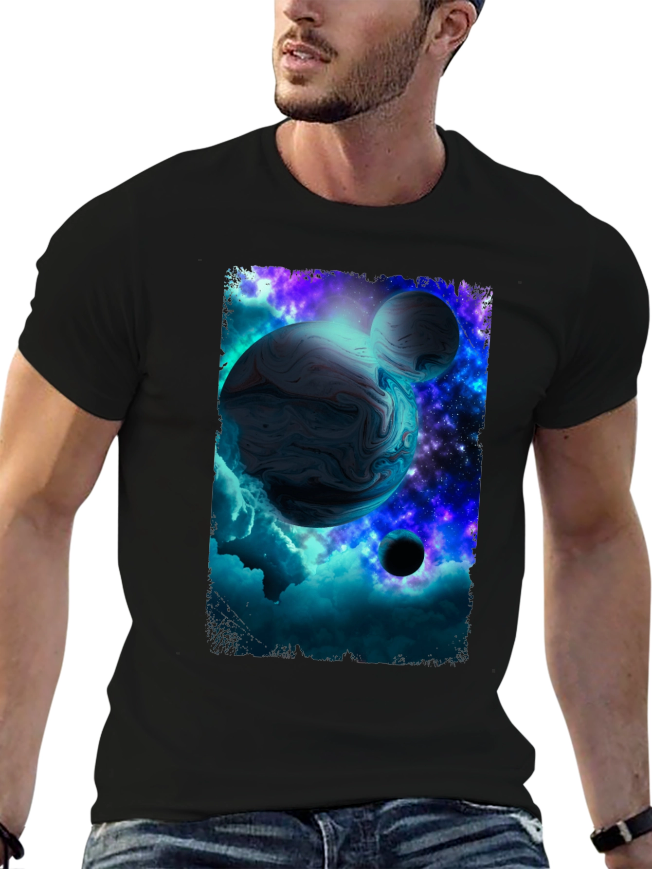 Galaxy Planet Graphic Print Black T-Shirt