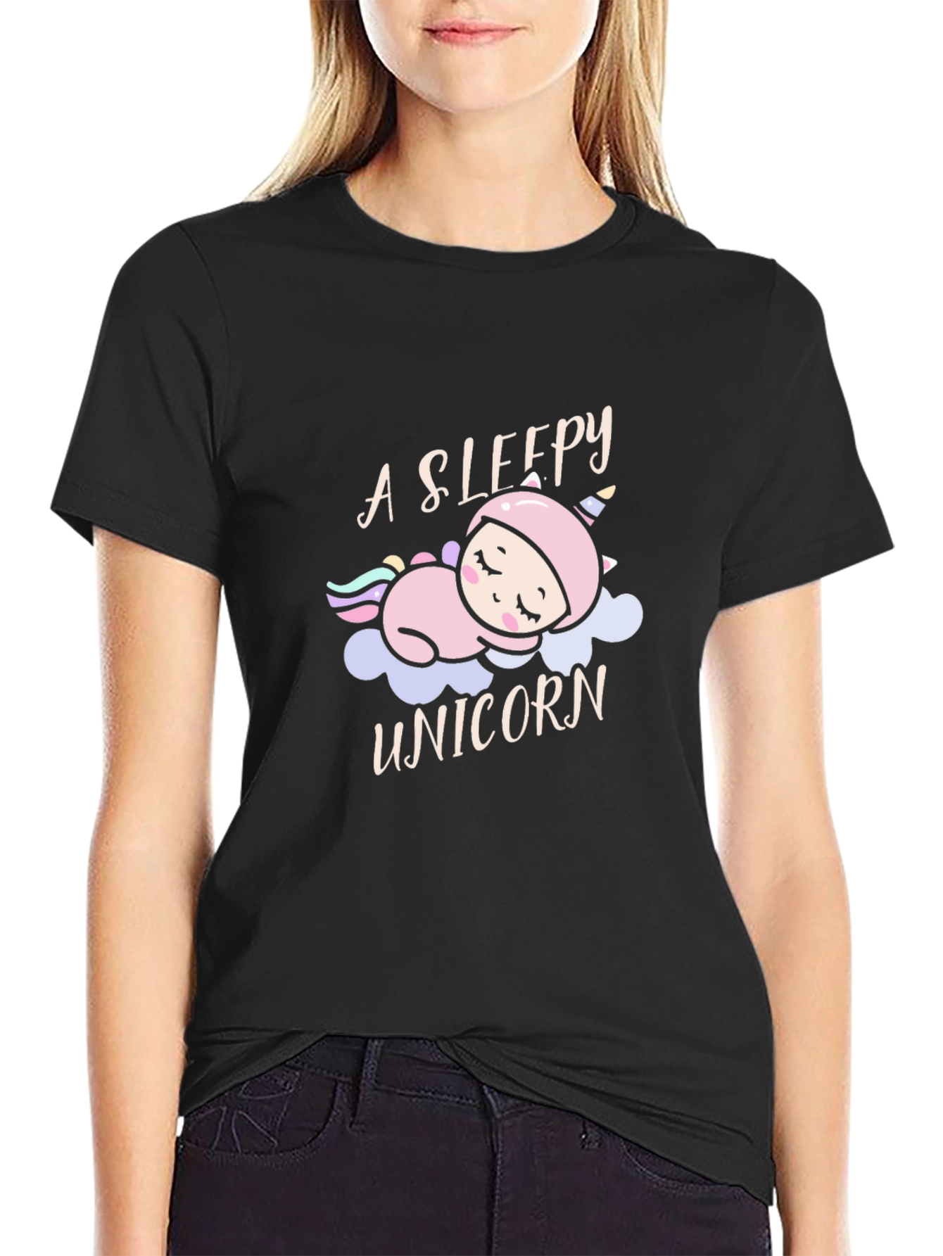 Sleepy Unicorn Graphic Tee - Black Cotton Comfort