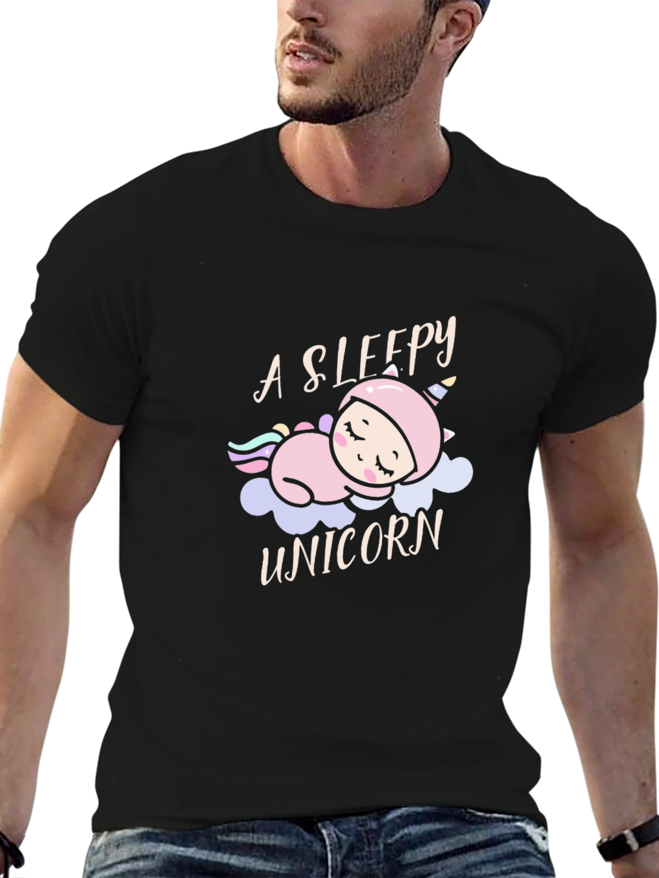 Sleepy Unicorn Graphic Tee - Black Cotton Comfort