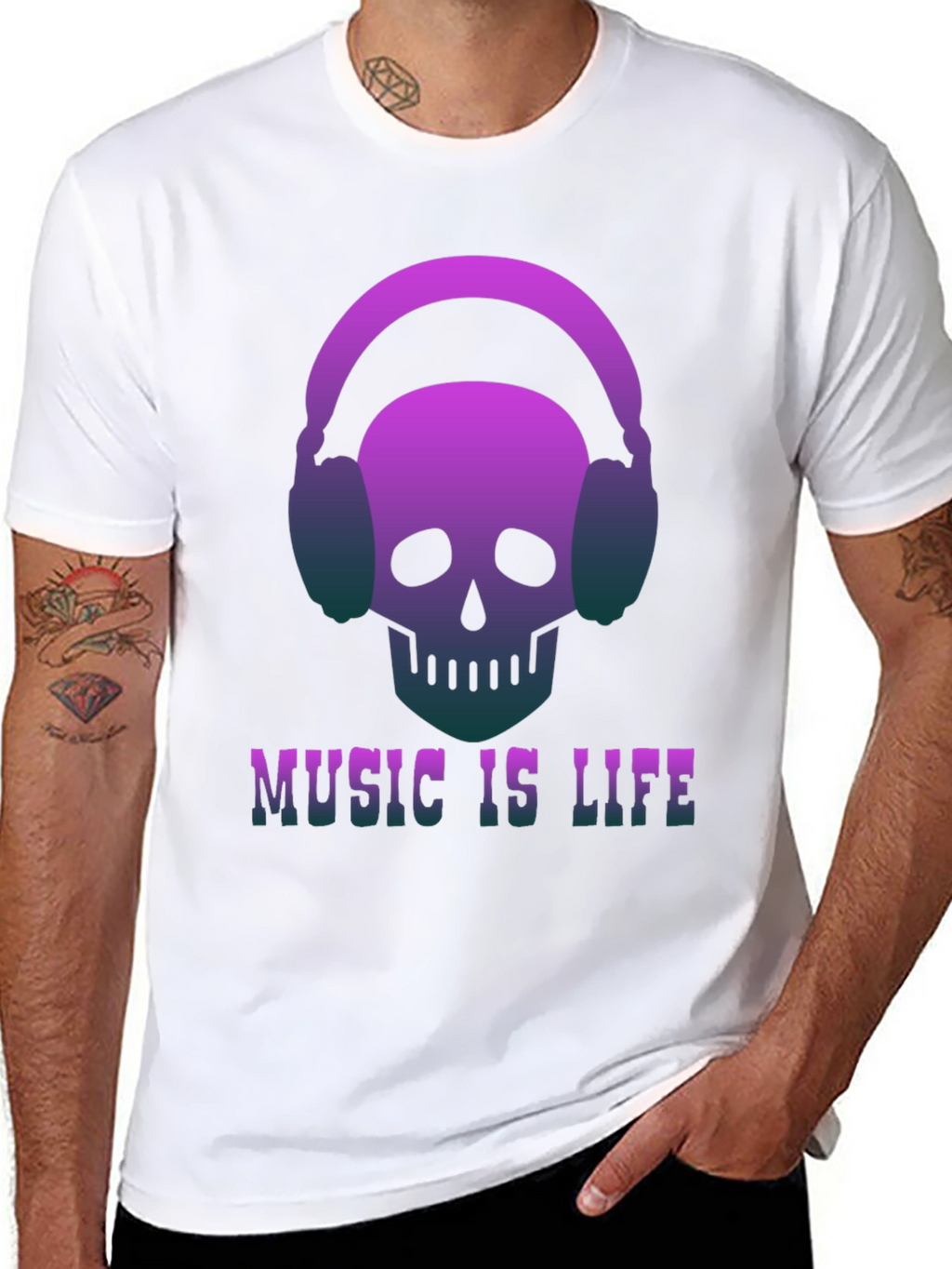 Music is Life Skull Headphone Graphic Tee