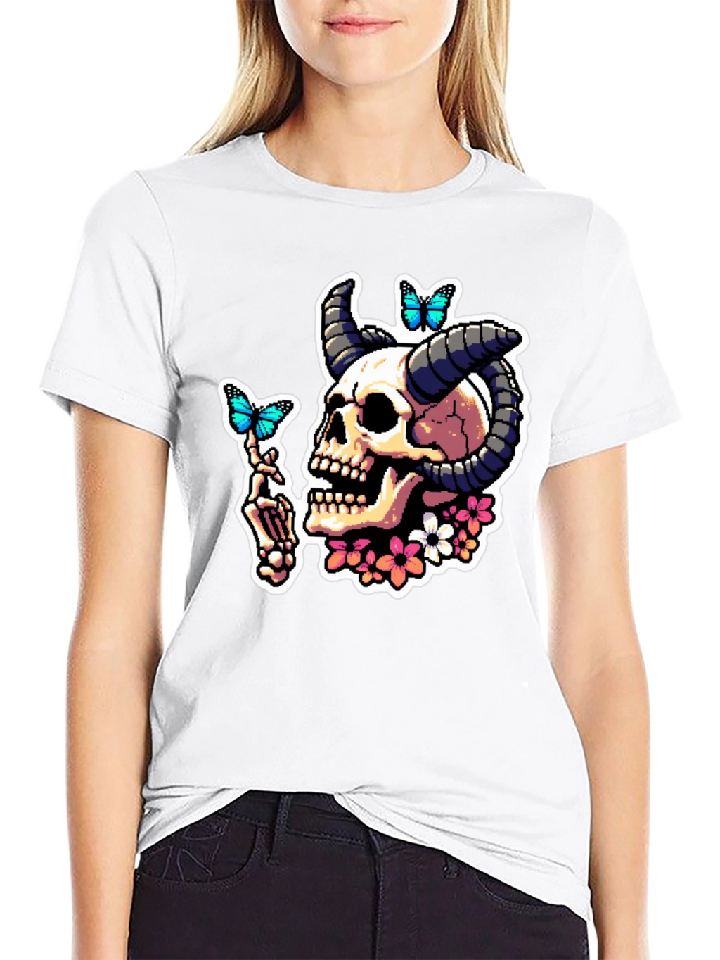 Skull Horns Butterfly Graphic T-Shirt