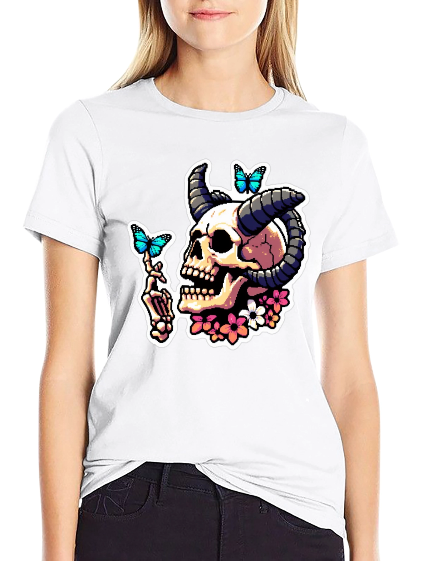 Skull Horns Butterfly Graphic T-Shirt