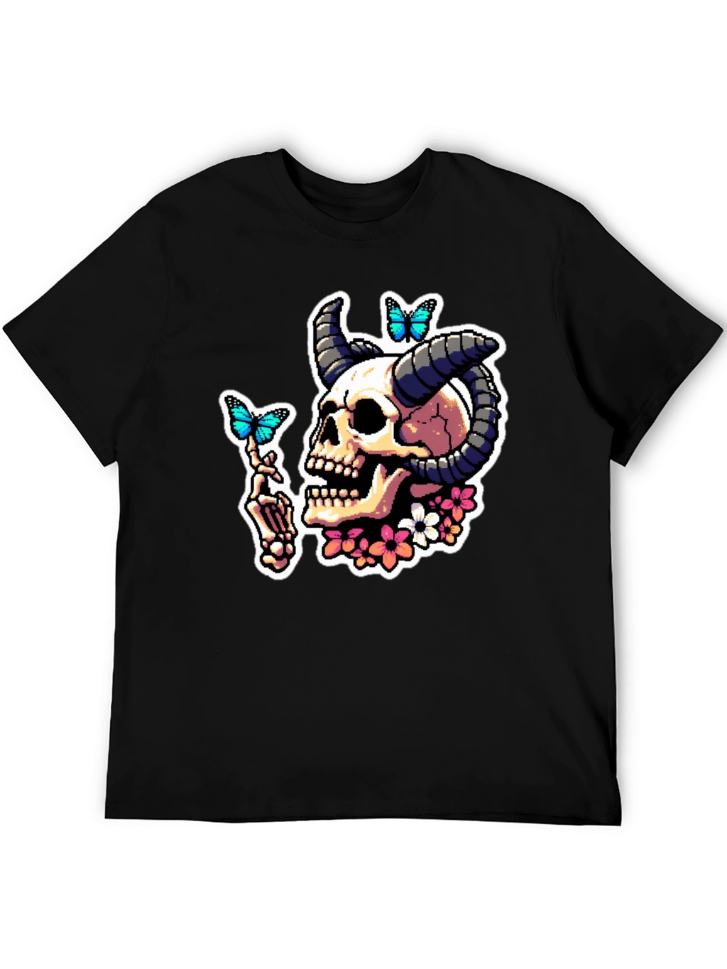 Skull Horns Butterfly Graphic T-Shirt