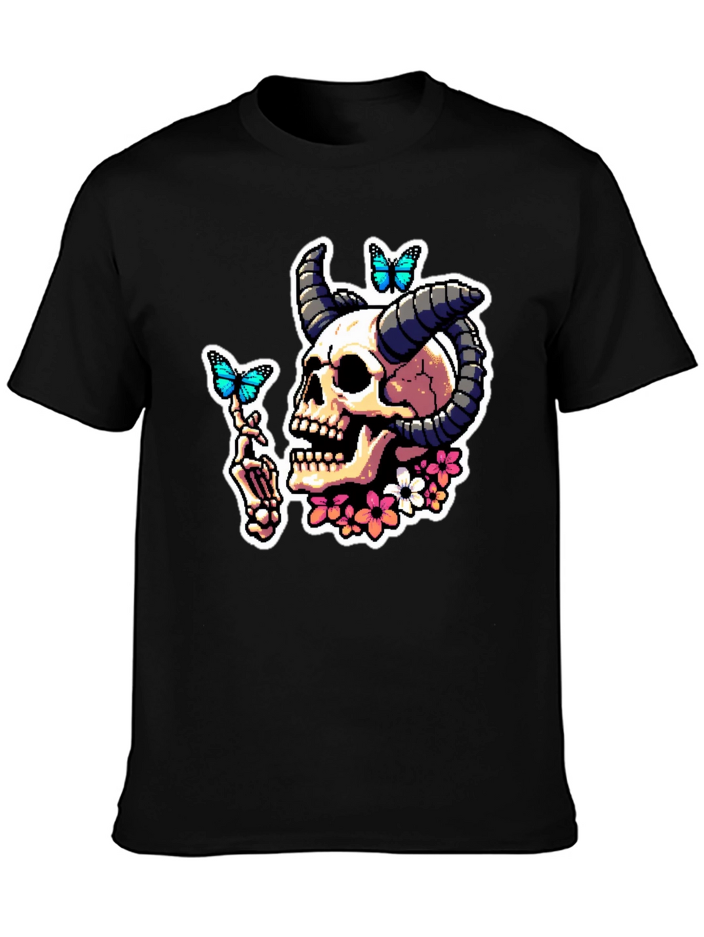 Skull Horns Butterfly Graphic T-Shirt