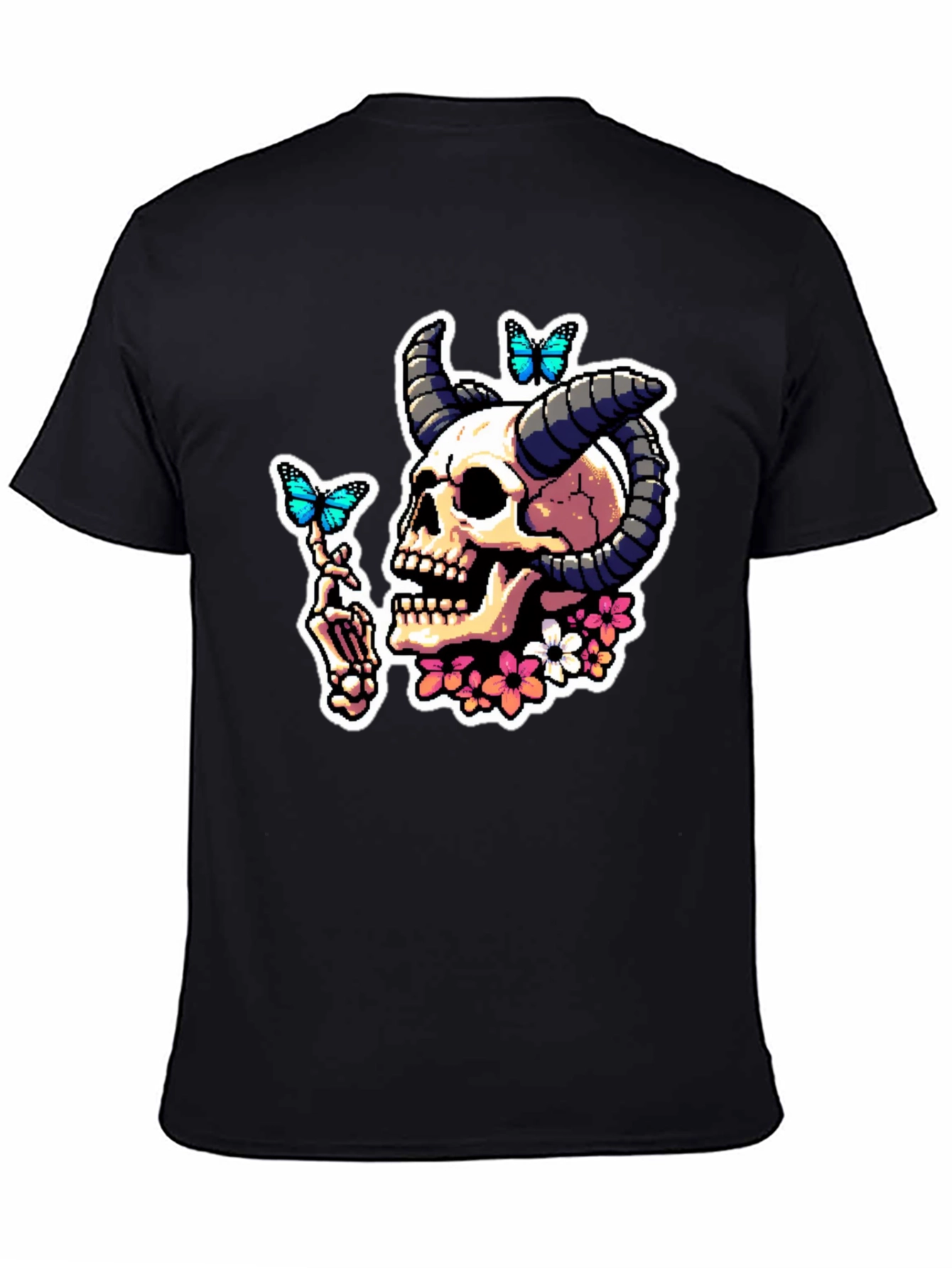 Skull Horns Butterfly Graphic T-Shirt