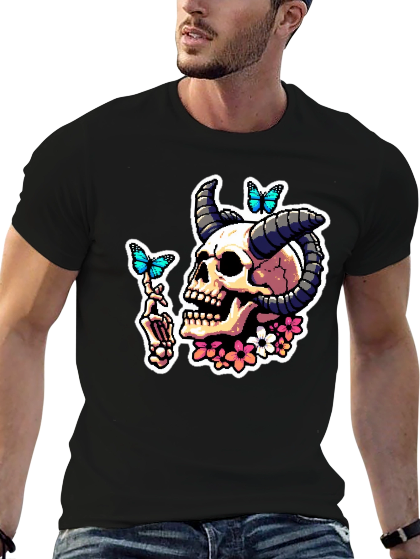 Skull Horns Butterfly Graphic T-Shirt