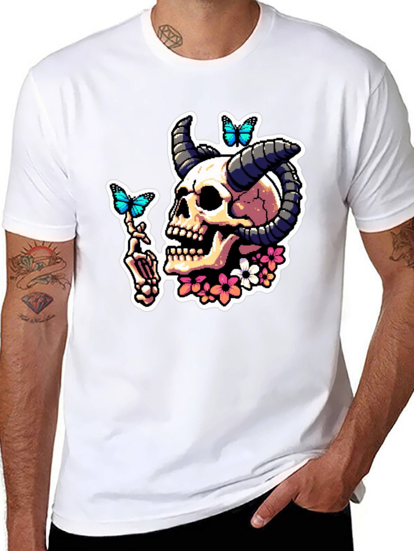 Skull Horns Butterfly Graphic T-Shirt