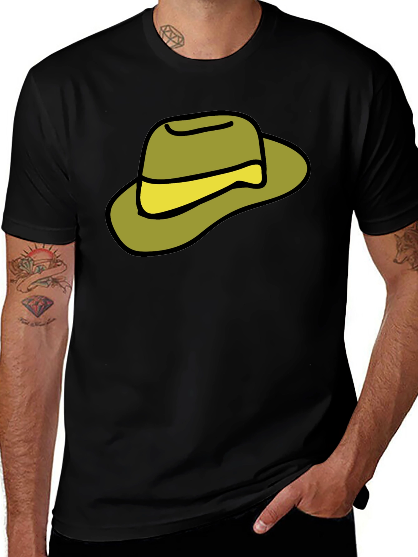 Cartoon Hat Graphic Tee - Casual Black T-Shirt