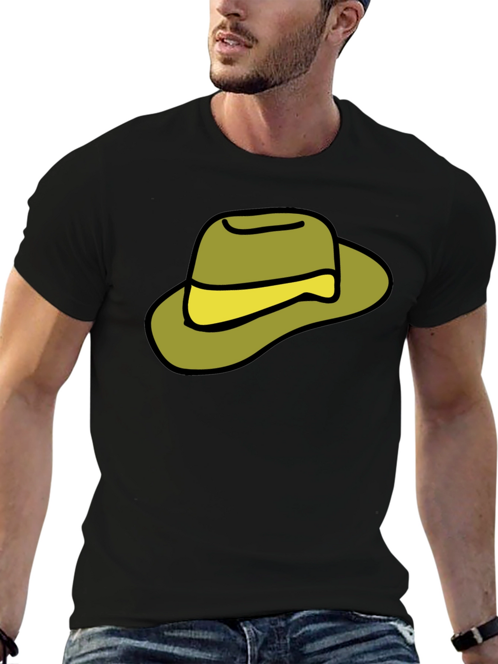 Cartoon Hat Graphic Tee - Casual Black T-Shirt