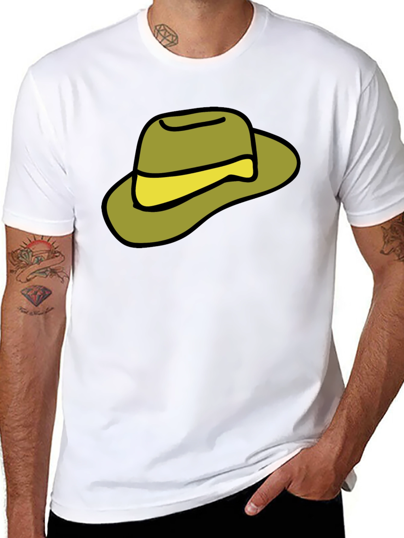 Cartoon Hat Graphic Tee - Casual Black T-Shirt